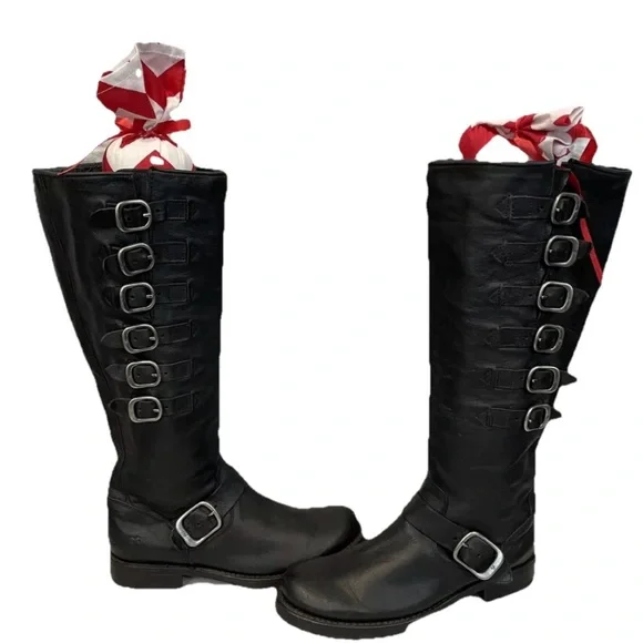 Frye Women’s 6.5B Veronica Belted Tall Black Leather Zipper Knee High Boots. - Picture 4 of 11